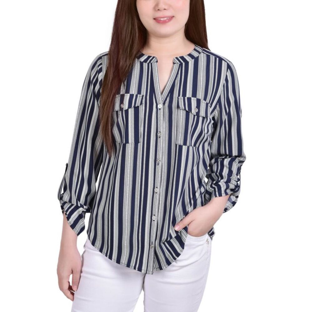 NY Collection Petite 3/4 Sleeve Roll Tab Y Neck Blouse